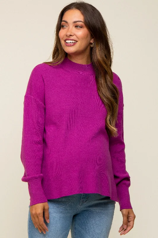 Magenta Knit Mock Neck Maternity Long Sleeve Top Cool Women's Distressed