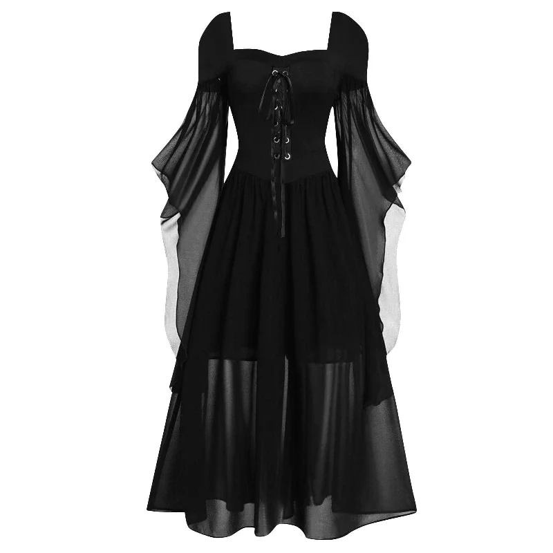 Women's Gothic Contrast Color Lace-up Witch Dress Casual Women's Japanese 