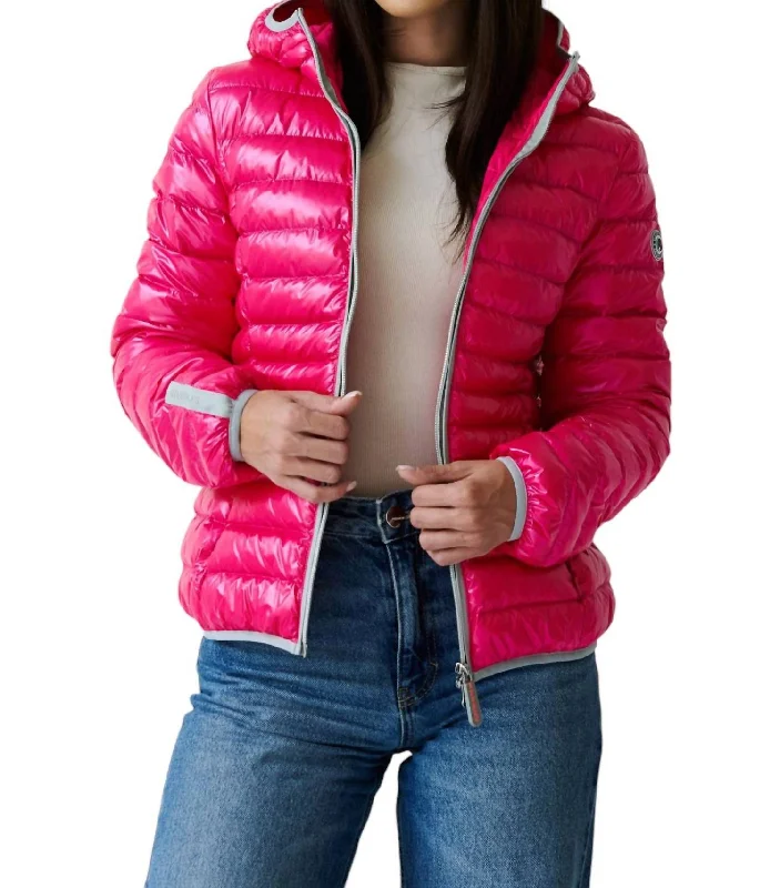 Vegan Down Hooded Jacket In Flash Pink Polished Women's Silk