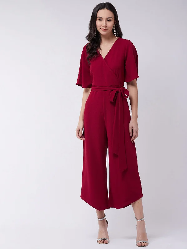 Red Solid Overlap Jumpsuit Youthful Women's Anime - inspired