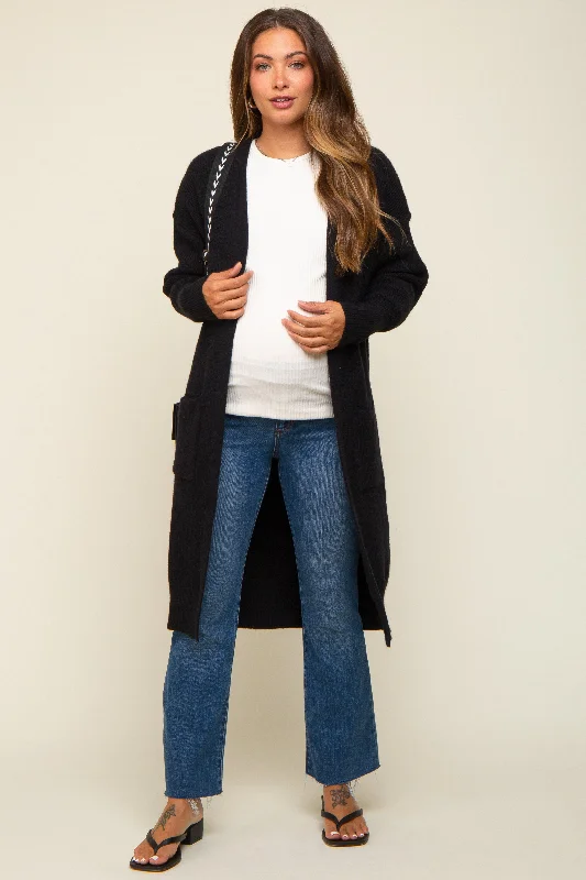 Black Chunky Knit Long Sweater Maternity Cardigan Confident Women's Power