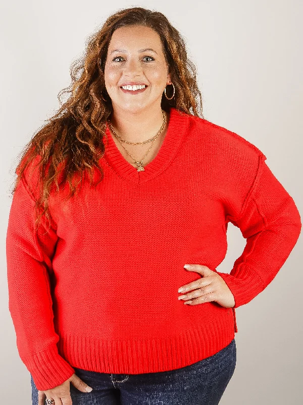 Curvy Red V-Neck Thick Sweater French