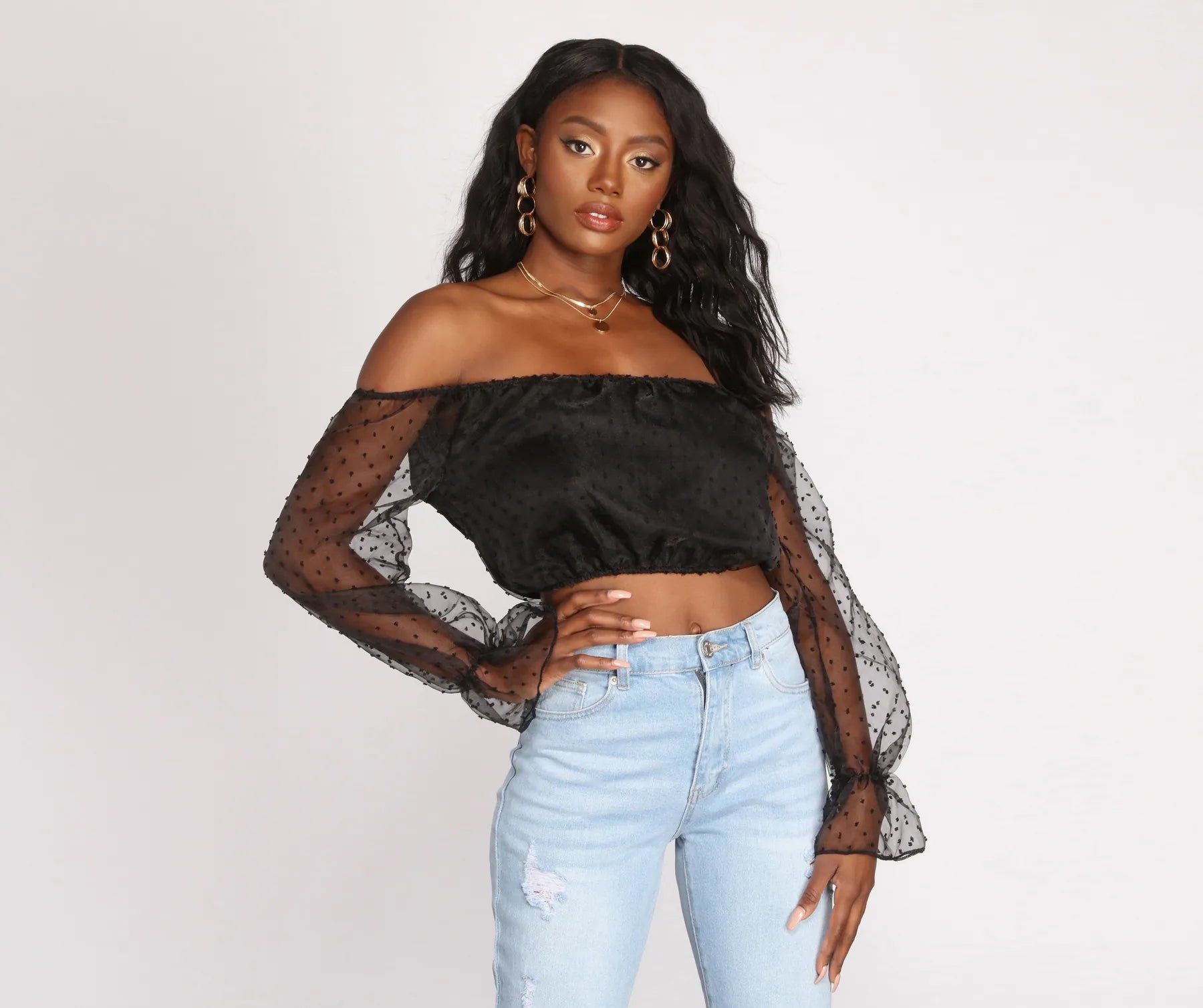 Sheer For This Organza Sleeve Off Shoulder Crop Top Youthful Women's Pop