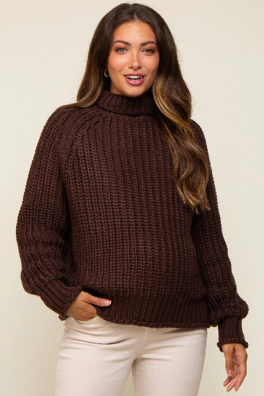 Brown Chunky Knit Mock Neck Maternity Sweater Contemporary 