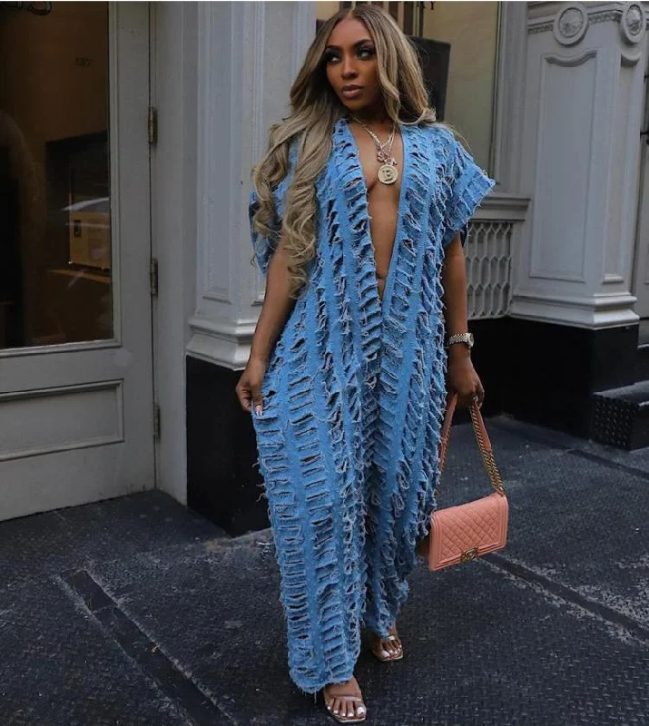 Ripped Deep V Neck Wide Leg Denim Jumpsuits Minimalist Women's Casual