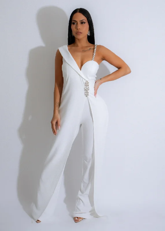 Crystal Elegance Rhinestones Jumpsuit White Edgy Women's Punk