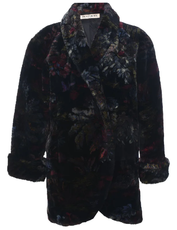 Floral Pattern Faux Fur Coat - L performance