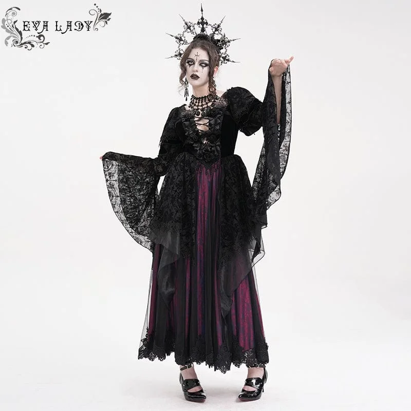Women's Gothic Lace Crochet Long Sleeved Dress Wedding Dress Black Purple Casual Women's Loose - fitting Women's Gothic Lace Crochet Long Sleeved Dress Wedding Dress Black Purple Casual Women's Loose - fitting