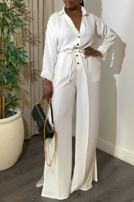 Pretty Front Button Drawstring Wide Leg Jumpsuit Athletic Women's High - 