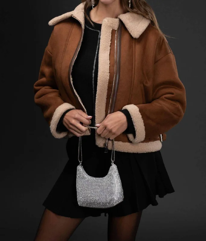 Contrast Faux Shearling Jacket In Brown Vacation