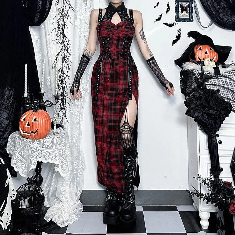 Women's Grunge Plaid Eyelets Slip Dress Black Red Classic Women's Pin - striped