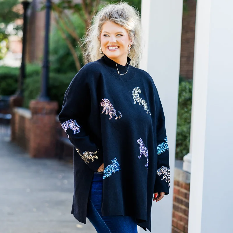 Mother Of The Jungle Sweater, Black Sequin Feminine Women's Style 