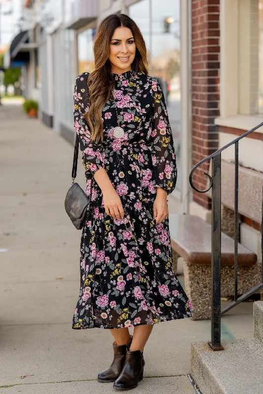 Blossoming Buds Long Sleeve Midi Dress Practical Women's Quick - dry