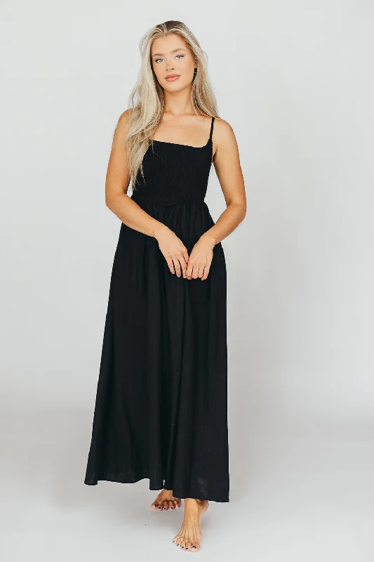 Josefina Smocked Midi Dress in Black - Bump Friendly Luxurious Women's High -  end