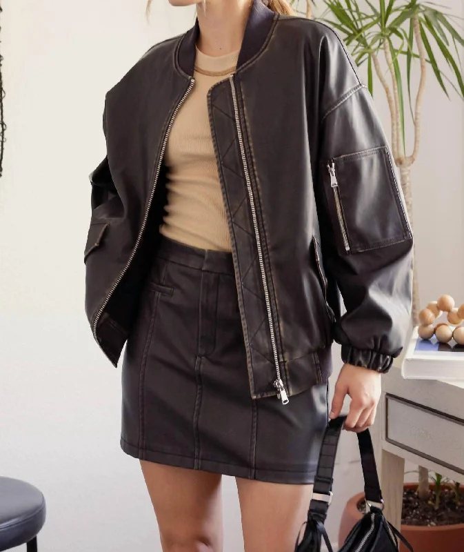 Oversized Faux Leather Bomber Jacket In Dark Brown Street