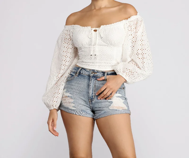 Effortless Eyelet Detail Crop Top Relaxed Women's 