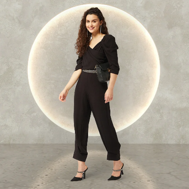 Black Solid Ruffle Sleeves Stylish Jumpsuit Sophisticated Women's Tailored