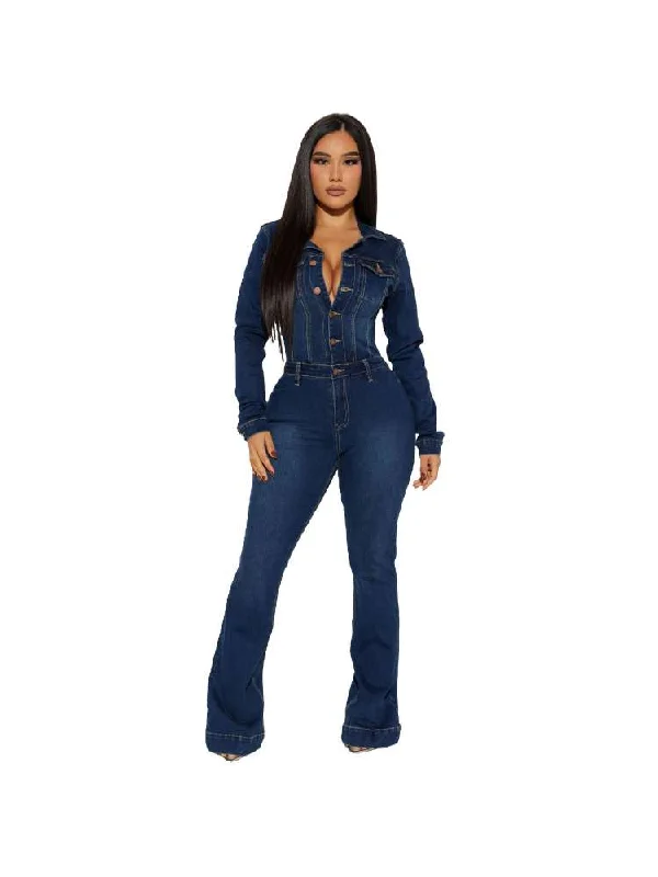 Distressed Lapel Denim Button Up Jumpsuits Gym