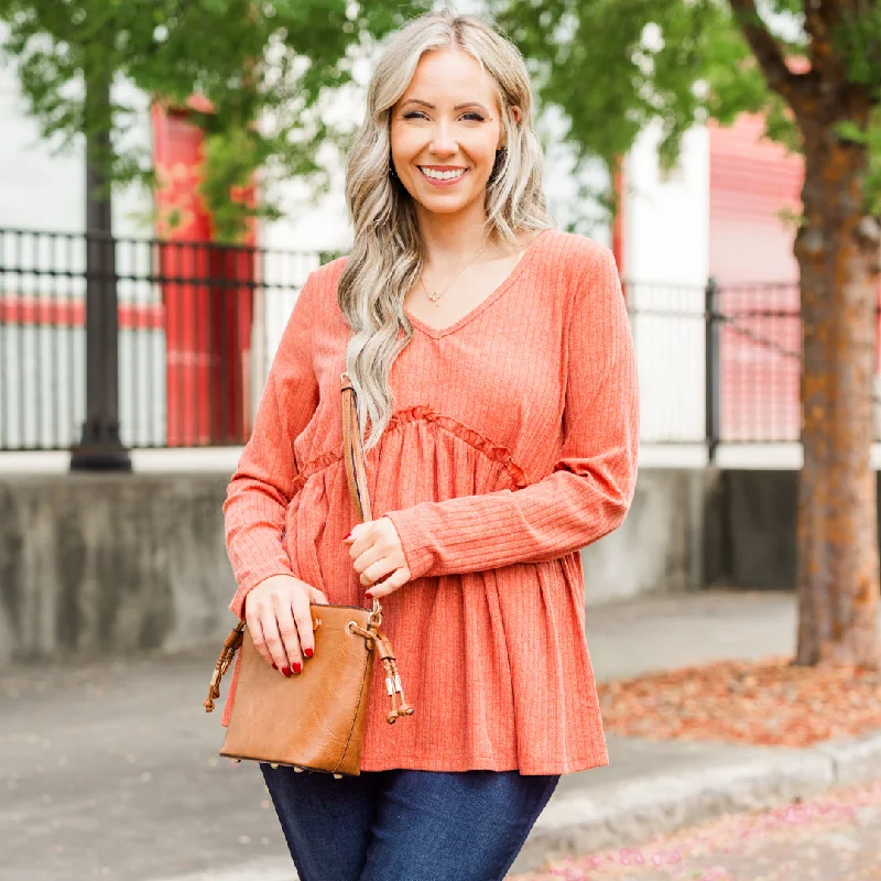 American Copper Top, Orange Casual Women's Loose - fitting