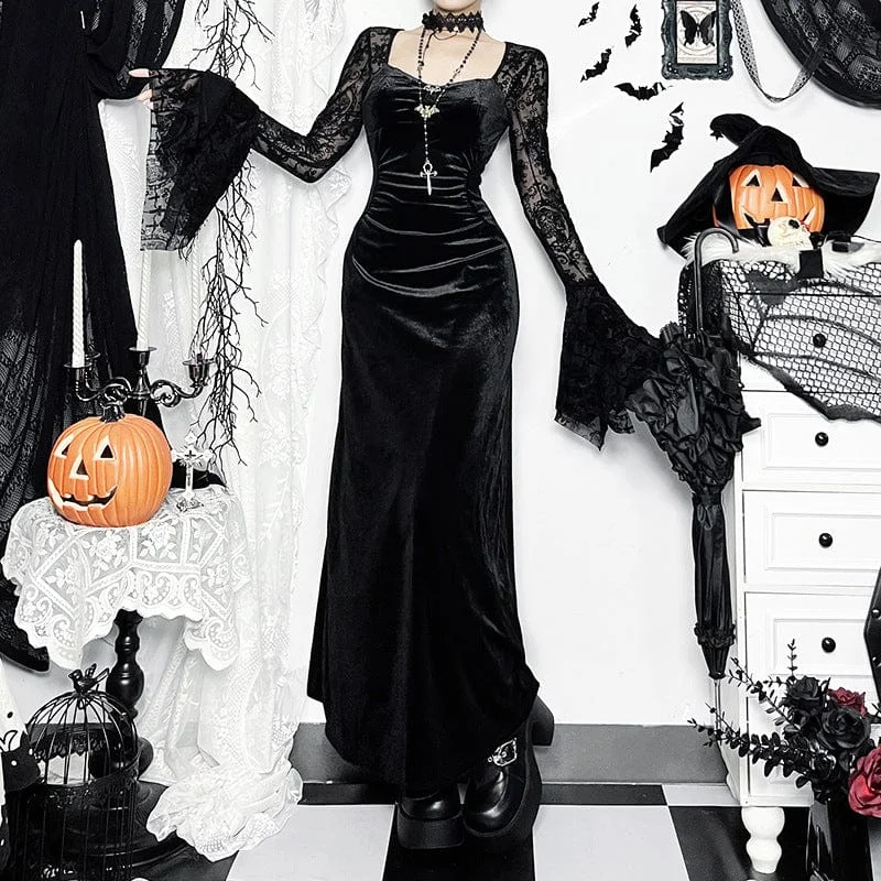 Women's Gothic Flared Sleeved Lace Splice Velvet Dress Refined Women's Classic 