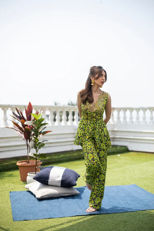 Green Jumpsuit With Drape Feminine Women's Soft 