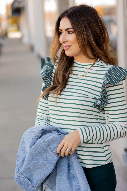 Mixed Stripes Ruffle Shoulder Tee Earthy Women's Hemp - based