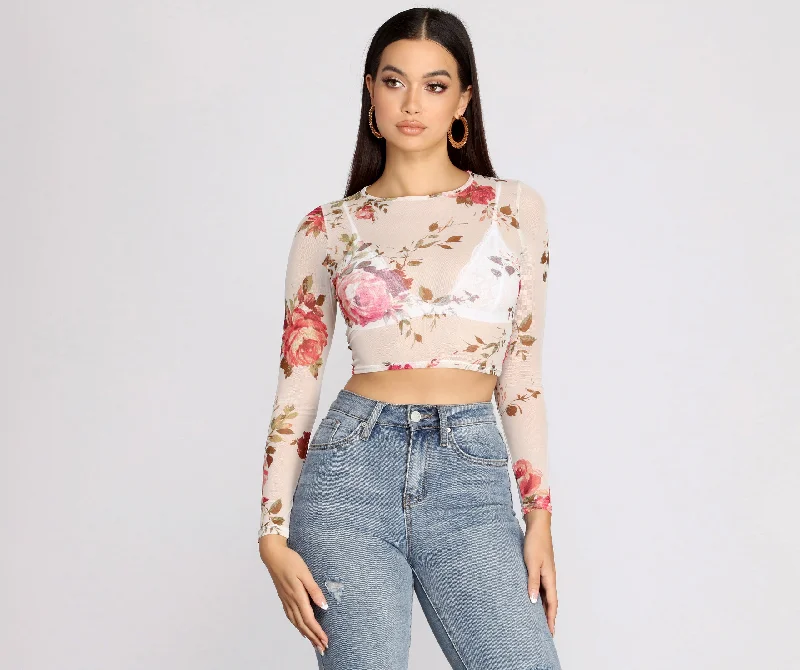 Sweet Floral Mesh Crop Top Bold Women's Statement