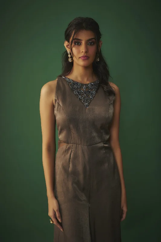 GREY FLARED JUMPSUIT WITH EMBROIDERED NECK Polished Women's Silk