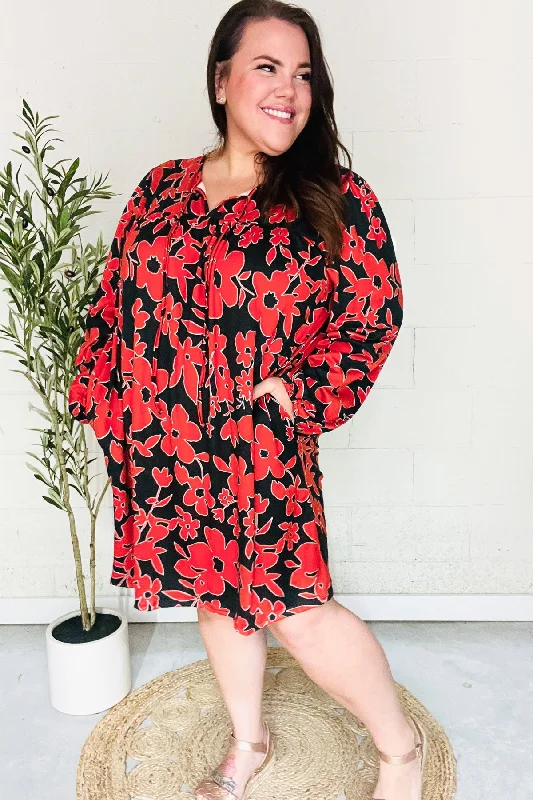 Boldly You Rust & Black Floral Print Front Tie Dress Casual Women's Japanese 