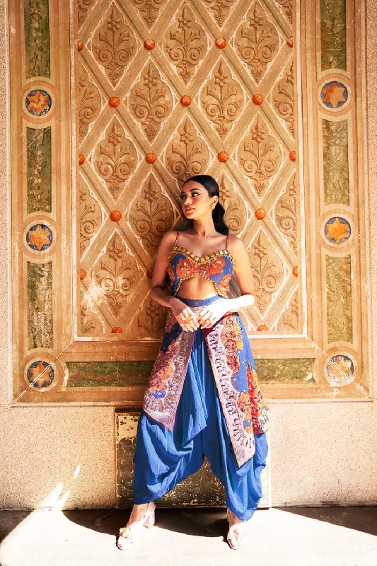 Flambe- Blue Dhoti Jumpsuit With Orange Printed Flowers Stylish Women's Neon
