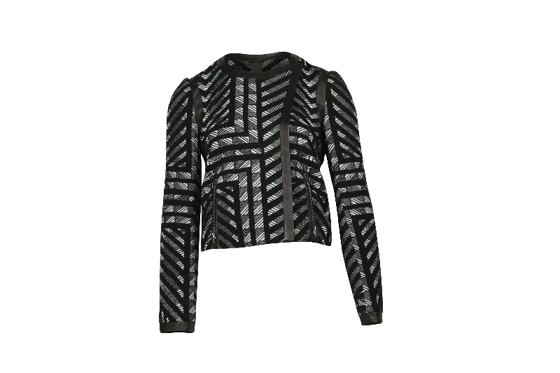 Diane Von Furstenberg Geometic Pattern Leather Trim Jacket in Black Wool Refined Women's Velvet