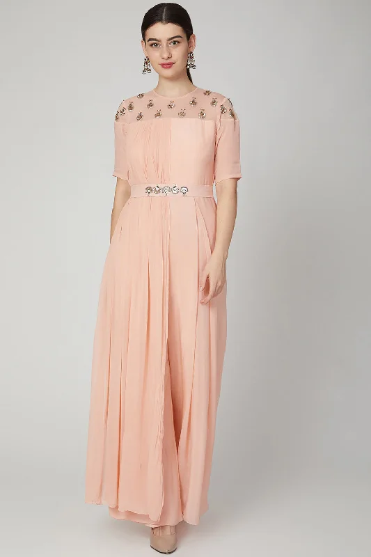 Embroidered Peach Jumpsuit With Attached Drape Bold Women's Statement