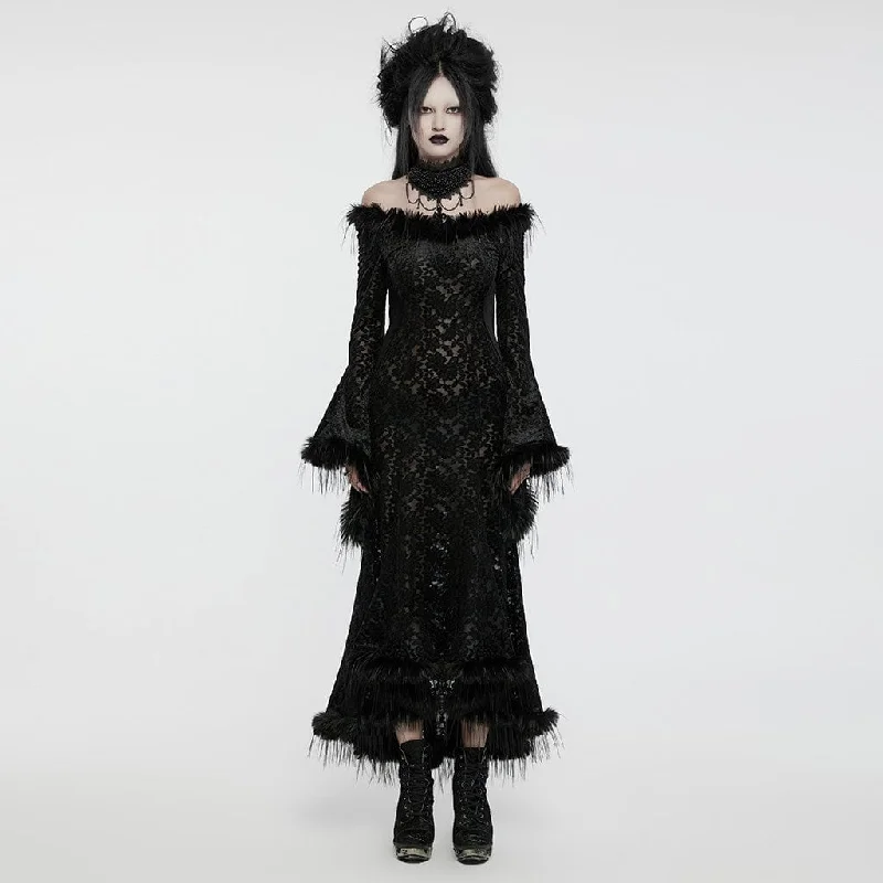 Women's Gothic Flared Sleeved Faux Fur Splice Flocked Mesh Witch Dress Stylish Women's Neon
