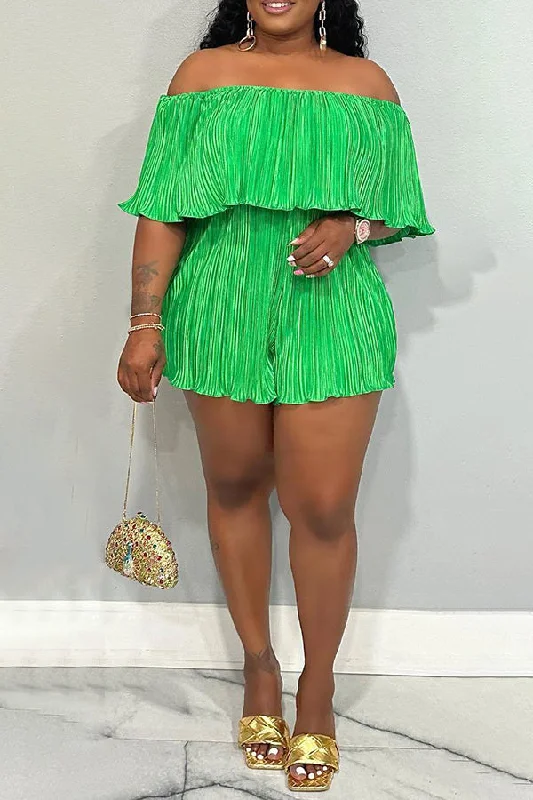 Vacation Style Crinkled Off Shoulder Ruffle Romper Compression