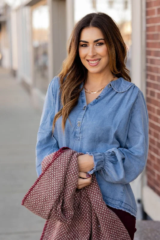 Cinched Sleeve Denim Blouse Cool Women's Skate