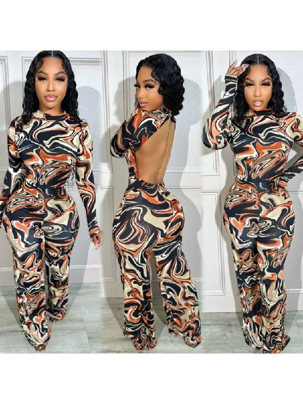 Contrast Color Ripple Backless Jumpsuits Trendy Women's Oversized