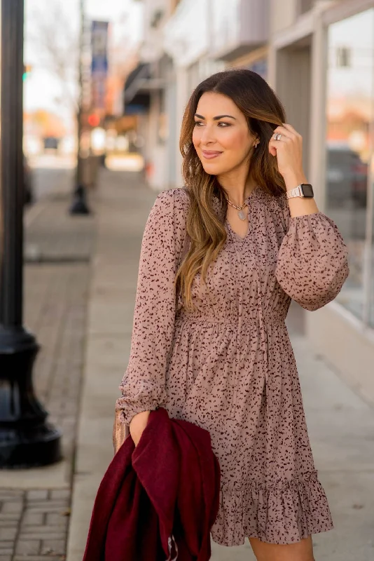 Splattered Long Sleeve Cinched Dress Laid - back Women's Vibe