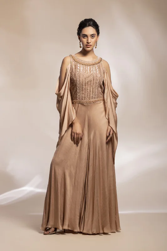 Champaign Gold Jumpsuit With Embroidered Bodice And Draped Sleeves. Refined Women's 