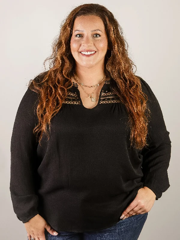 Curvy Black Split Neck Blouse with Eyelet Trim Disco