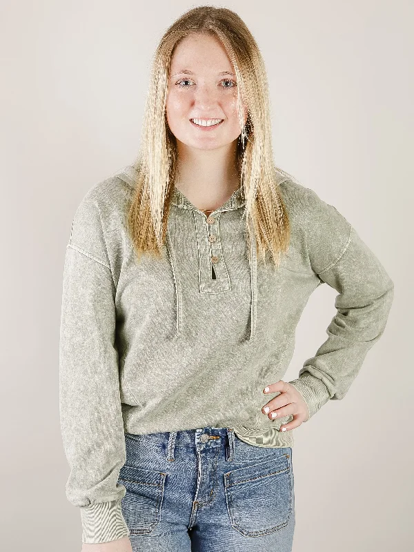 Olive Washed Henley Sweatshirt Vintage Women's 1970S 