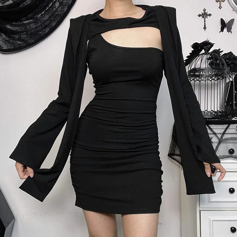 Women's Punk Cutout Long Sleeved Dress with Devil Hood Traditional Women's Wool