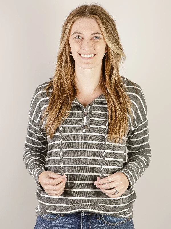 Charcoal and White Striped Long Sleeve Hooded Top Contemporary 