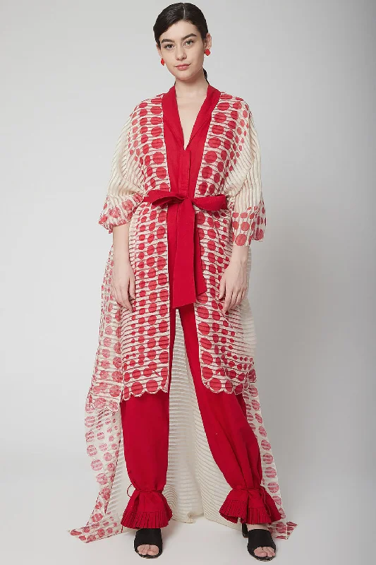 Printed Red Jumpsuit With Cape & Belt Women