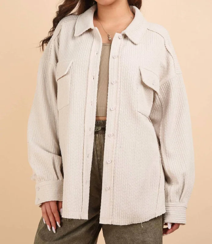 Oversized Casual Textured Knit Cozy Shacket Jacket In Ecru Cool Women's Distressed