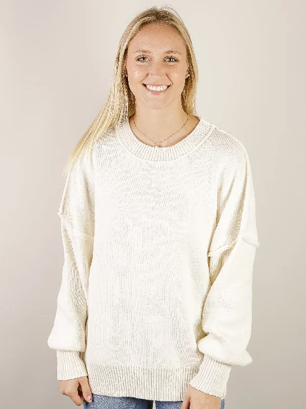 Cream Oversized Solid Sweater Relaxed Women's Beachy