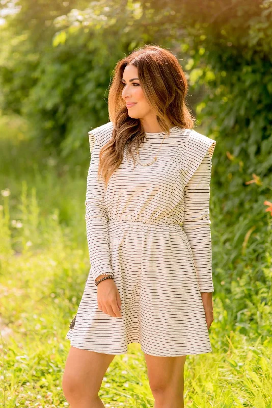 Striped Ruffle Accented Long Sleeve Dress Feminine Women's Soft 