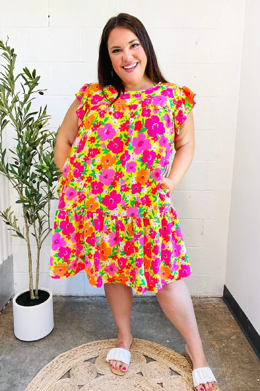 Be Charming Lime & Pink Floral Print Tiered Ruffle Sleeve Dress Casual Women's Loose - fitting