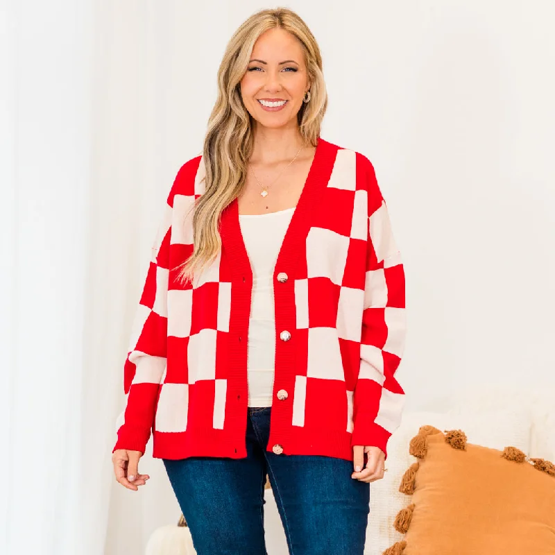 Checkmate Babe Cardigan, Red Minimalist Women's Casual