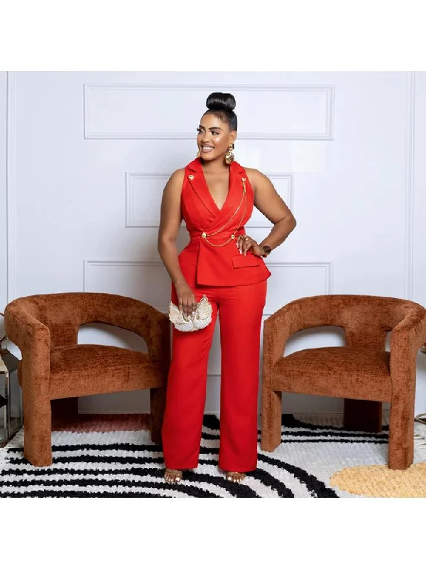 Chain V Neck Sleeveless Wide Leg Jumpsuits Adventure