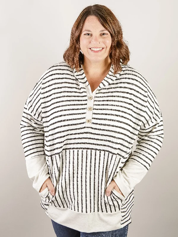 Curvy Cream and Black Striped Hooded Top Monochromatic All - in - one